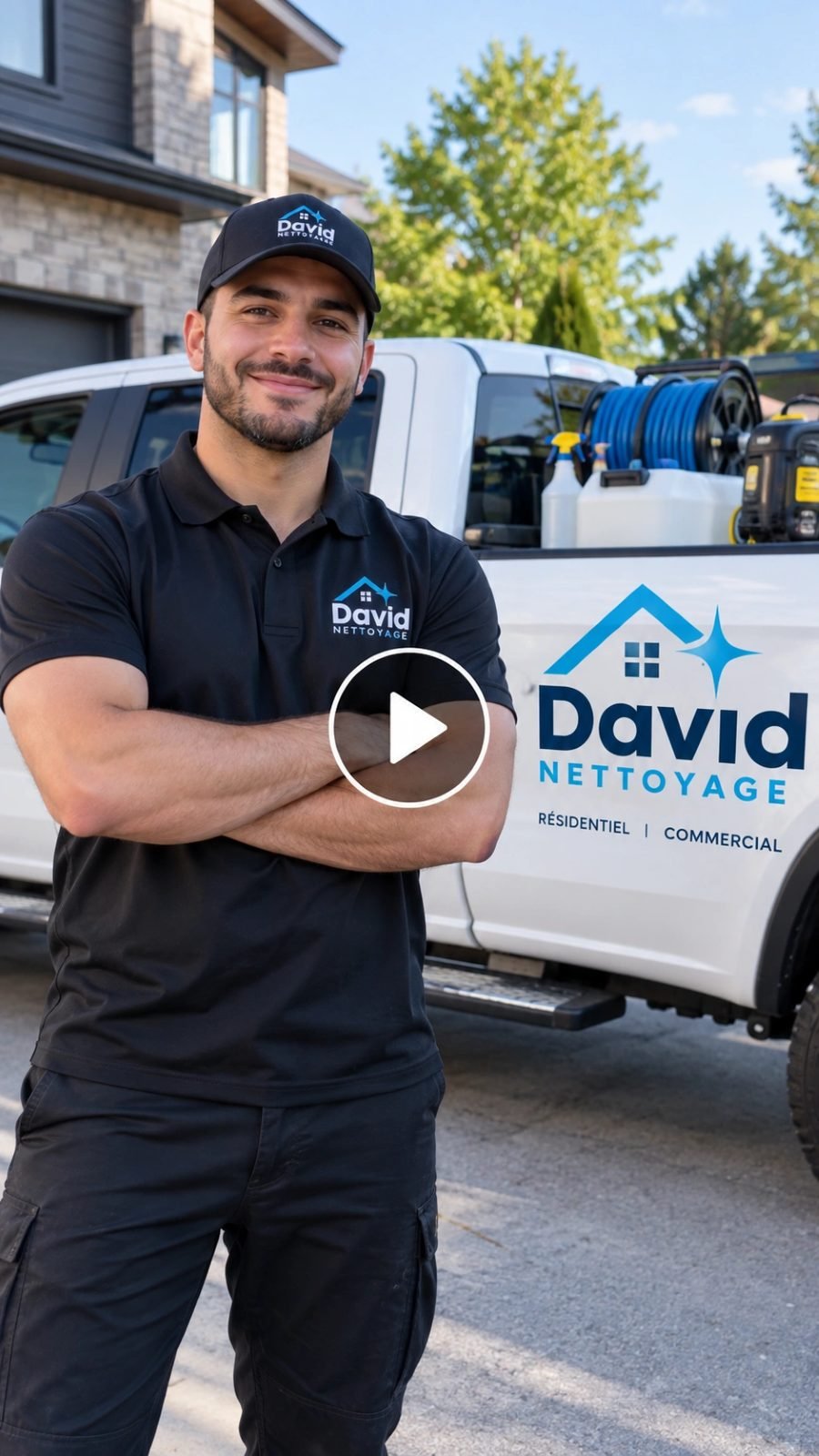 Technicien à côté d’un camion aux couleurs de David Nettoyage